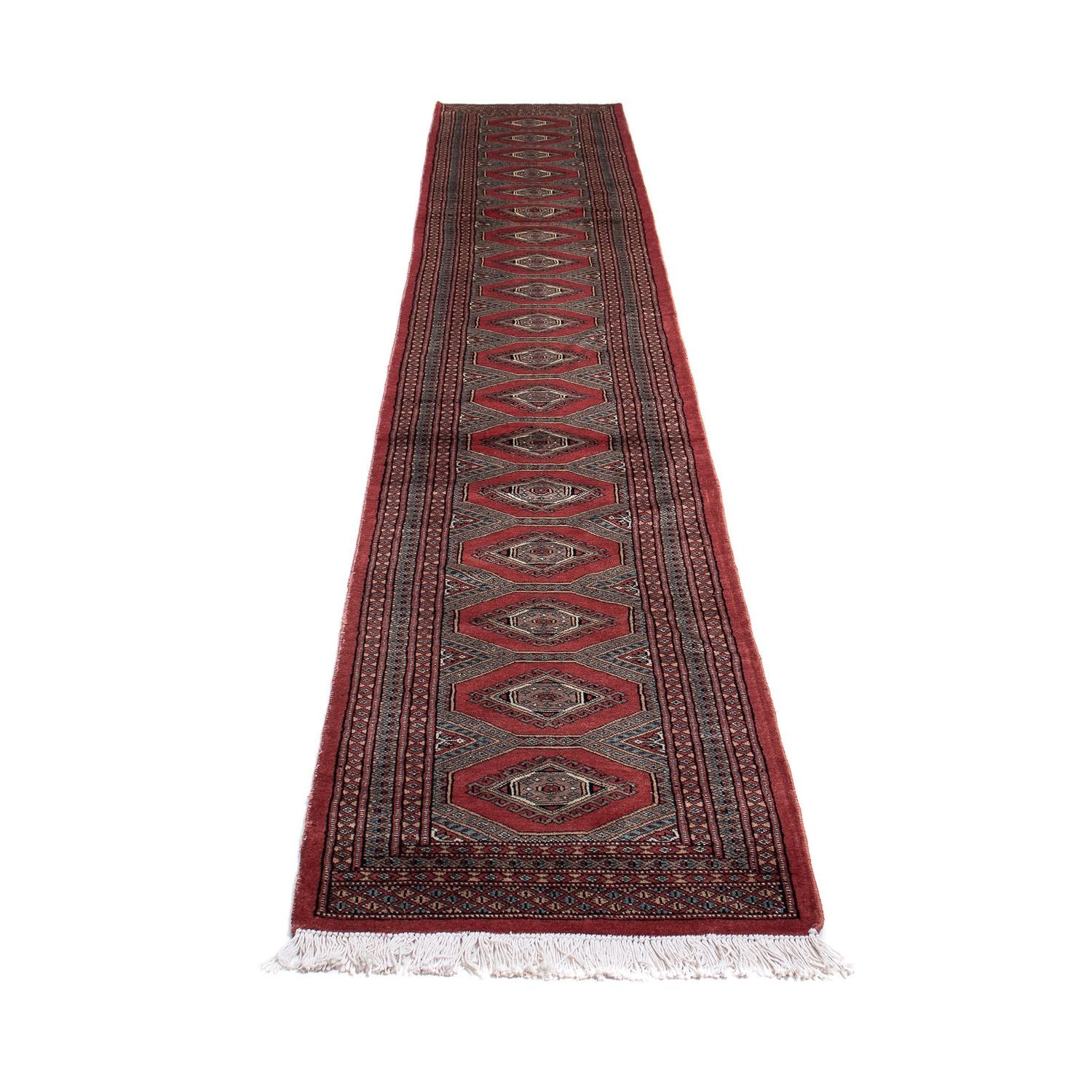 Løber Afghansk tæppe - Bukhara - 396 x 64 cm - mørkerød